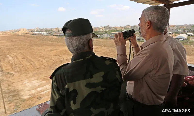 Yahya Sinwar the new leader of the Hamas Islamist movement in the Gaza Strip inspects a section of the border with Egypt, in the southern Gaza strip town of Rafah, on July 6, 2017. The buffer zone is expected to extend f...