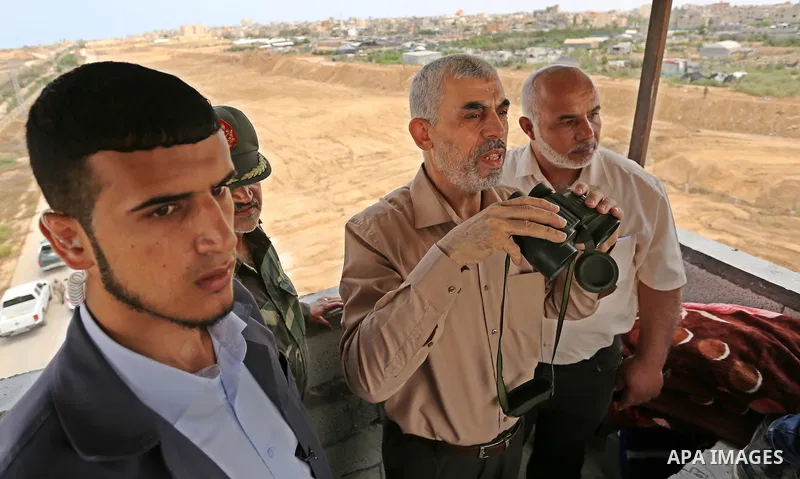 Yahya Sinwar the new leader of the Hamas Islamist movement in the Gaza Strip inspects a section of the border with Egypt, in the southern Gaza strip town of Rafah, on July 6, 2017. The buffer zone is expected to extend f...