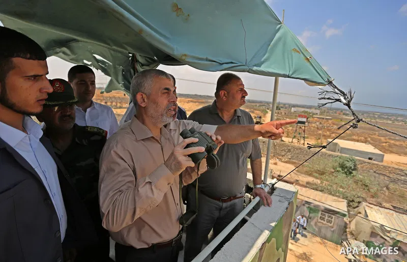 Yahya Sinwar the new leader of the Hamas Islamist movement in the Gaza Strip inspects a section of the border with Egypt, in the southern Gaza strip town of Rafah, on July 6, 2017. The buffer zone is expected to extend f...