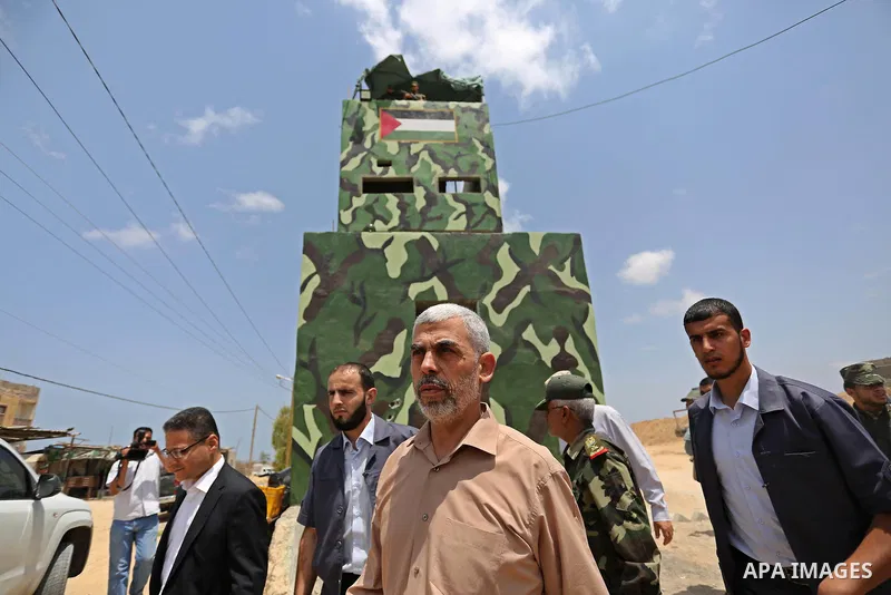 Yahya Sinwar the new leader of the Hamas Islamist movement in the Gaza Strip inspects a section of the border with Egypt, in the southern Gaza strip town of Rafah, on July 6, 2017. The buffer zone is expected to extend f...