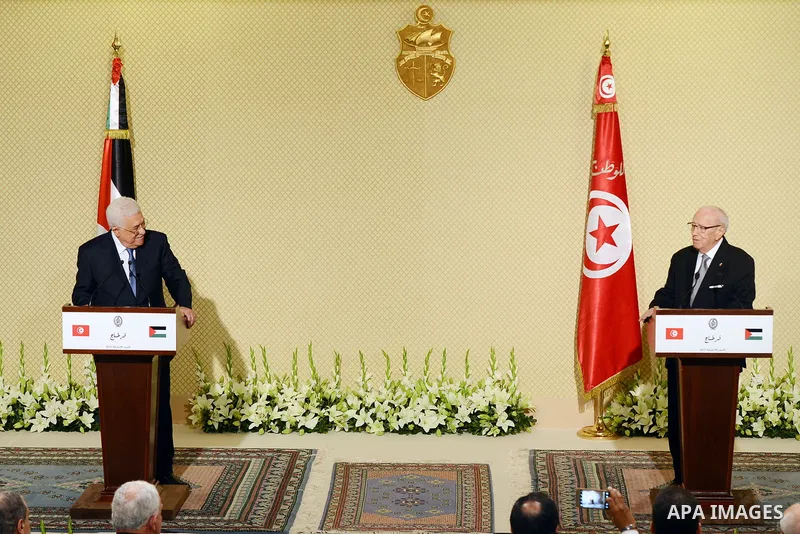 Tunisian President Beji Caid Essebsi and Palestinian President Mahmoud Abbas hold a joint press conference at Carthage Palace, near Tunis, on July 6, 2017. Abbas is on 2 day official visit to Tunisia. Photo by Thaer Gana...