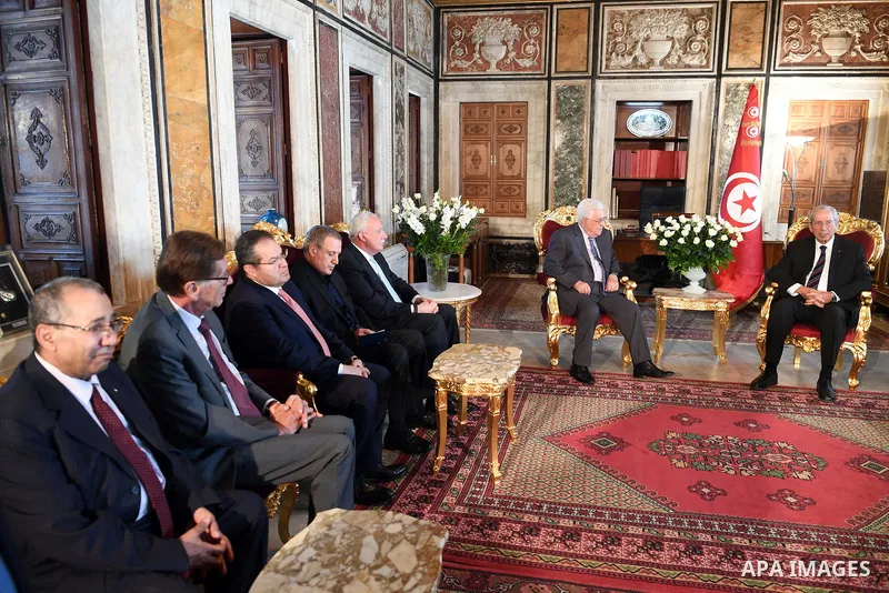 Palestinian President Mahmoud Abbas meets with Tunisian parliament speaker Mohammed Nasser in Tunis, on July 7, 2017. Abbas is on 2 day official visit to Tunisia. Photo by Thaer Ganaim
