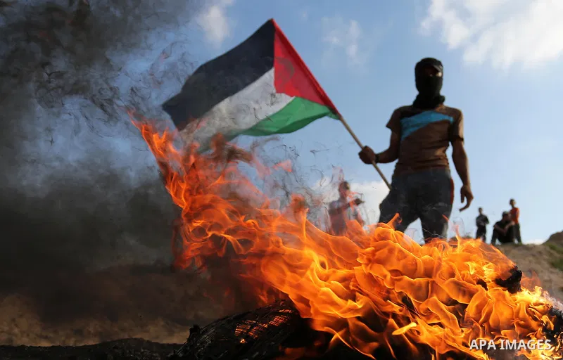 A Palestinian protester waves the national flag during clashes with Israeli security forces near the border between Israel and Central Gaza Strip July 7, 2017. Photo by Ashraf Amra