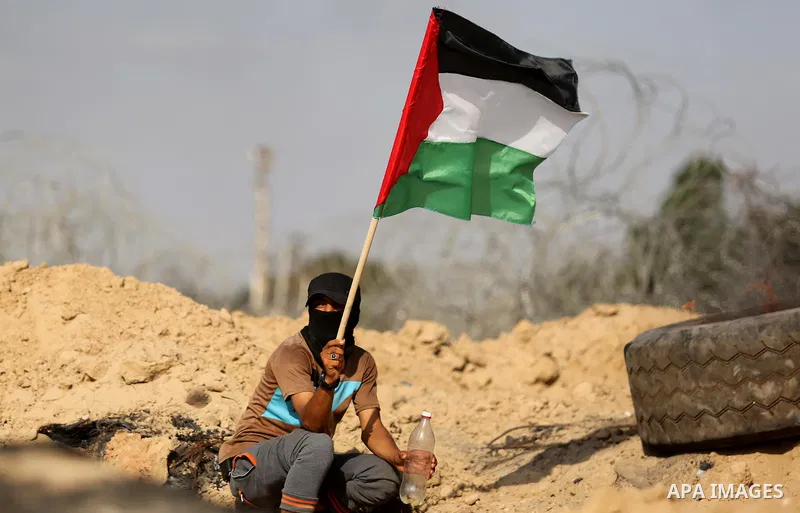 A Palestinian protester waves the national flag during clashes with Israeli security forces near the border between Israel and Central Gaza Strip July 7, 2017. Photo by Ashraf Amra