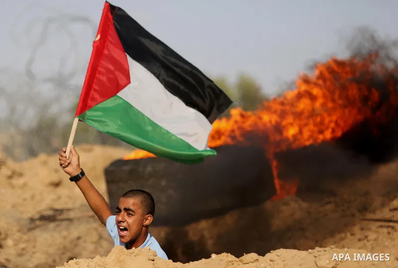 A Palestinian protester waves the national flag during clashes with Israeli security forces near the border between Israel and Central Gaza Strip July 7, 2017. Photo by Ashraf Amra