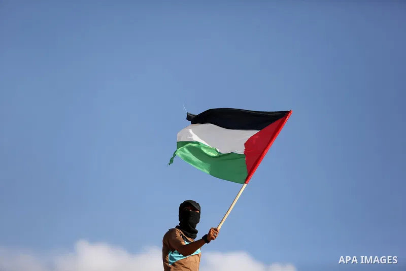 A Palestinian protester waves the national flag during clashes with Israeli security forces near the border between Israel and Central Gaza Strip July 7, 2017. Photo by Ashraf Amra