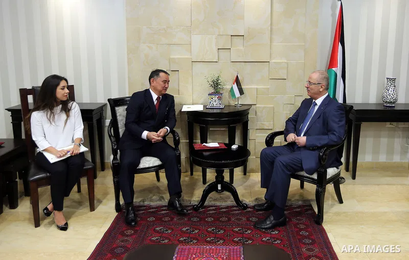 Palestinian Prime Minister Rami Hamdallah meets with deputy Minister of Foreign Affairs of Kazakhstan Akylbek Kamaldinov, at his office, in the West Bank city of Ramallah, on July 08, 2017. Photo by Prime Minister Office