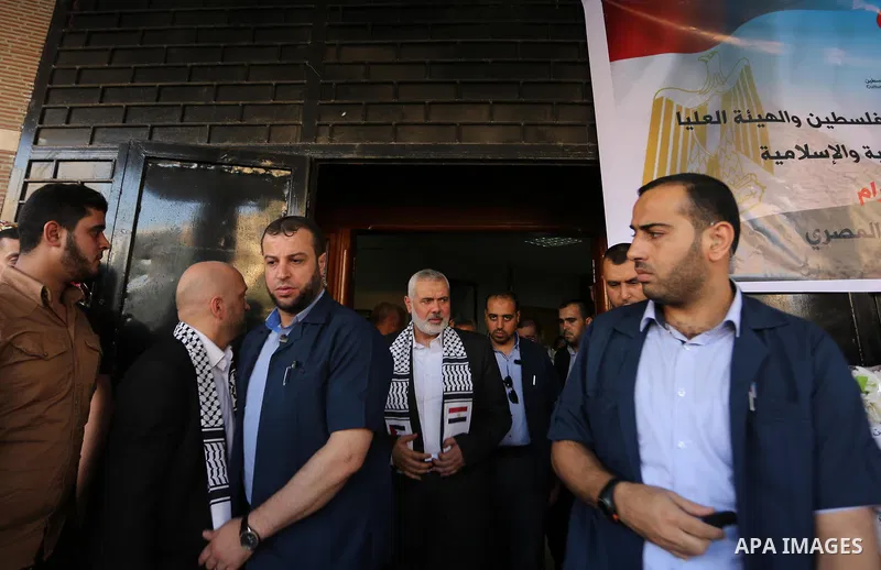 Hamas leader Ismail Haniya arrives to a mourning tent in Gaza City on July 8, 2017 set up for people to pay their respects to the Egyptian soldiers, who were killed a day earlier in the restive Sinai Peninsula in an atta...