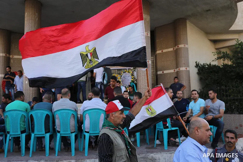 Palestinian gather in to a mourning tent in Gaza City on July 8, 2017 set up for people to pay their respects to the Egyptian soldiers, who were killed a day earlier in the restive Sinai Peninsula in an attack by the Isl...