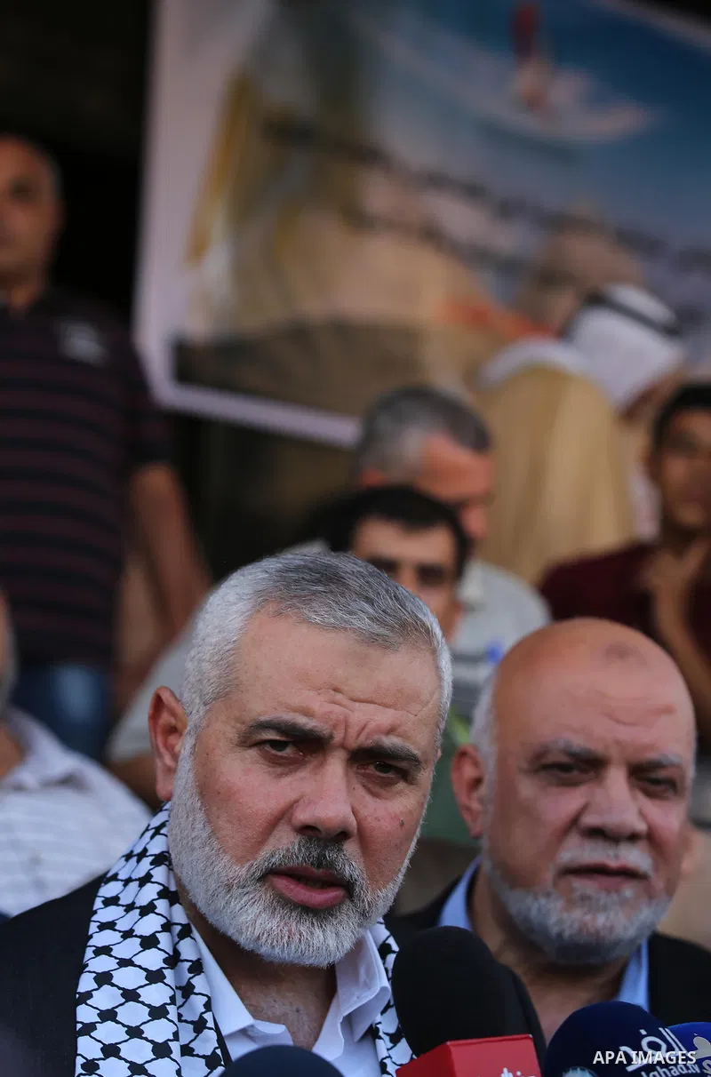Hamas leader Ismail Haniya arrives to a mourning tent in Gaza City on July 8, 2017 set up for people to pay their respects to the Egyptian soldiers, who were killed a day earlier in the restive Sinai Peninsula in an atta...