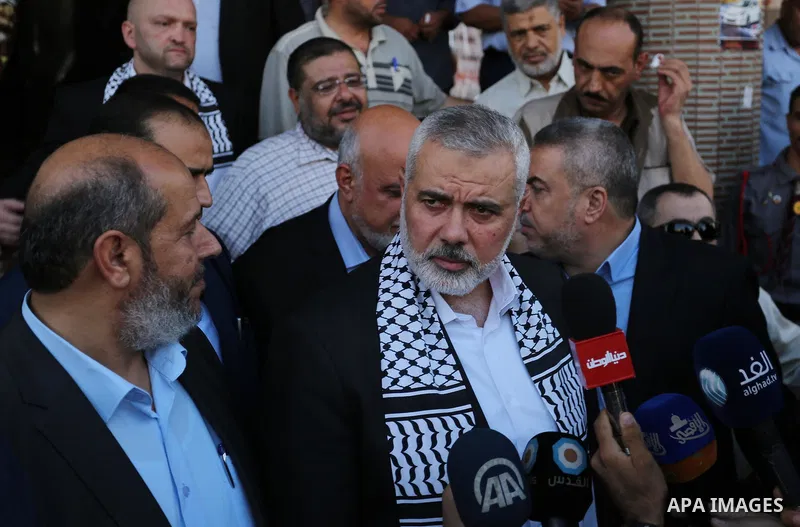 Hamas leader Ismail Haniya arrives to a mourning tent in Gaza City on July 8, 2017 set up for people to pay their respects to the Egyptian soldiers, who were killed a day earlier in the restive Sinai Peninsula in an atta...