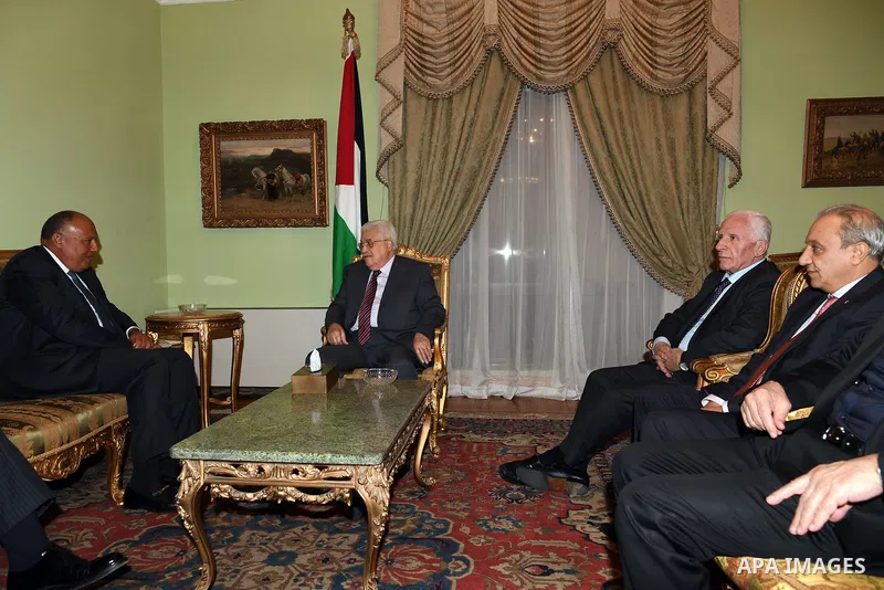 Palestinian President Mahmoud Abbas meets with Egyptian Foreign Minister Sameh Shoukry in Cairo, Egypt, on July 8, 2017. Photo by Thaer Ganaim