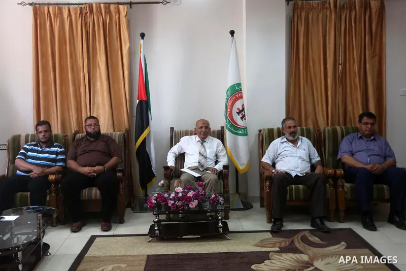 Leaders of Palestinian factions, attend a meeting at al-shifa Hospital in Gaza city on July 10, 2017. Photo by Mohammed Asad
