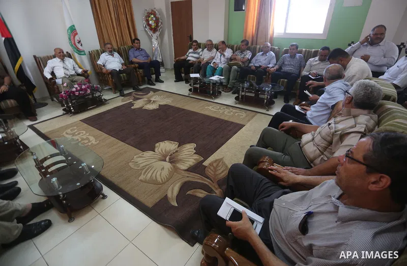 Leaders of Palestinian factions, attend a meeting at al-shifa Hospital in Gaza city on July 10, 2017. Photo by Mohammed Asad