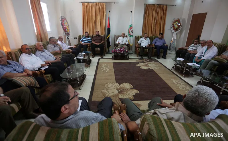 Leaders of Palestinian factions, attend a meeting at al-shifa Hospital in Gaza city on July 10, 2017. Photo by Mohammed Asad