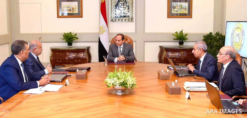 Egyptian President Abdel Fattah al-Sisi, meets with Prime Minister Sharif Ismail, in Cairo, Egypt, on July 10, 2017. Photo by Egyptian President Office