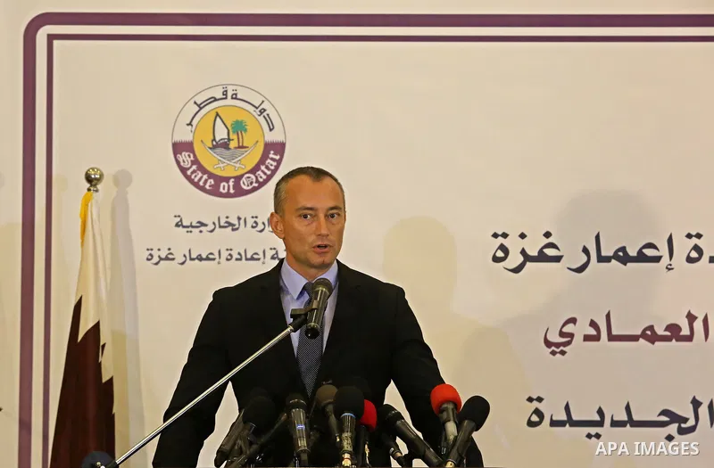UN Special Coordinator for the United Nations for the peace process in the Middle East, Nikolay Mladenov, speaks during a press confrence with Qatar's Ambassador to the Palestinian Authority Mohammed Al Emadi, in Gaza Ci...