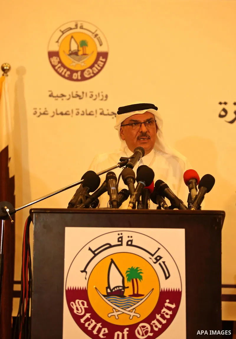Qatar's Ambassador to the Palestinian Authority, Mohammed Al Emadi speaks during a press confrence with UN Special Coordinator for the United Nations for the peace process in the Middle East Nikolay Mladenov, in Gaza Cit...