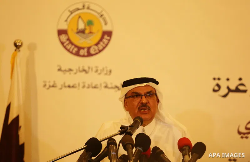 Qatar's Ambassador to the Palestinian Authority, Mohammed Al Emadi speaks during a press confrence with UN Special Coordinator for the United Nations for the peace process in the Middle East Nikolay Mladenov, in Gaza Cit...