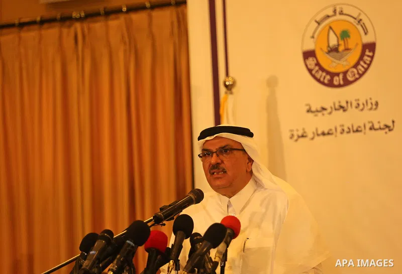 Qatar's Ambassador to the Palestinian Authority, Mohammed Al Emadi speaks during a press confrence with UN Special Coordinator for the United Nations for the peace process in the Middle East Nikolay Mladenov, in Gaza Cit...