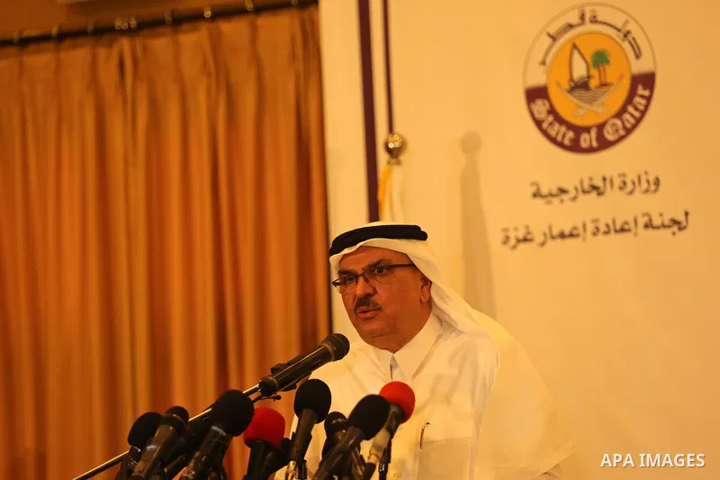 Qatar's Ambassador to the Palestinian Authority, Mohammed Al Emadi speaks during a press confrence with UN Special Coordinator for the United Nations for the peace process in the Middle East Nikolay Mladenov, in Gaza Cit...