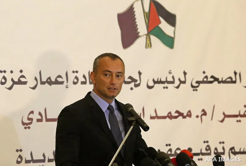 UN Special Coordinator for the United Nations for the peace process in the Middle East, Nikolay Mladenov, speaks during a press confrence with Qatar's Ambassador to the Palestinian Authority Mohammed Al Emadi, in Gaza Ci...