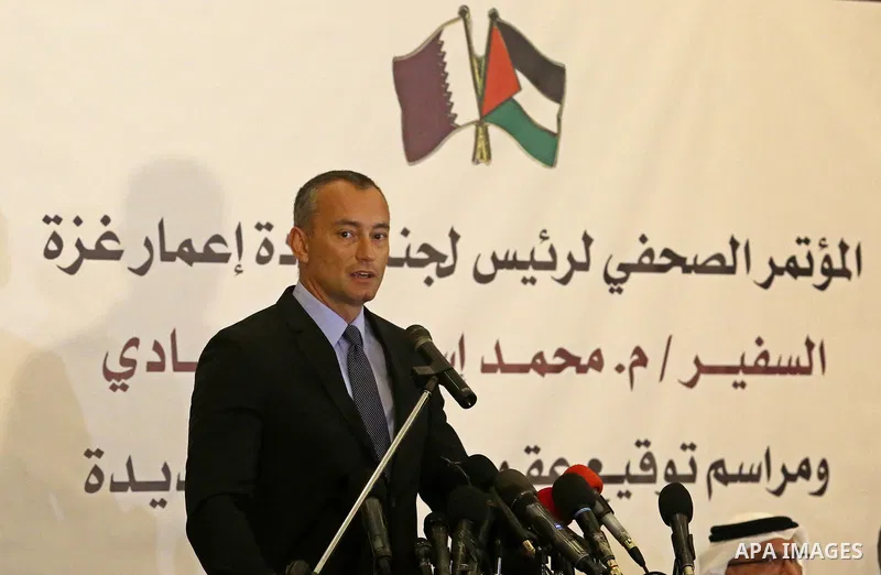 UN Special Coordinator for the United Nations for the peace process in the Middle East, Nikolay Mladenov, speaks during a press confrence with Qatar's Ambassador to the Palestinian Authority Mohammed Al Emadi, in Gaza Ci...