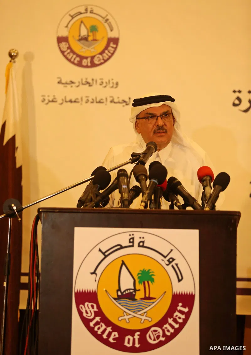 Qatar's Ambassador to the Palestinian Authority, Mohammed Al Emadi speaks during a press confrence with UN Special Coordinator for the United Nations for the peace process in the Middle East Nikolay Mladenov, in Gaza Cit...