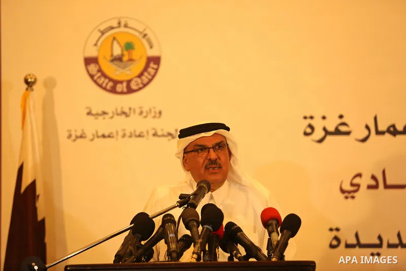 Qatar's Ambassador to the Palestinian Authority, Mohammed Al Emadi speaks during a press confrence with UN Special Coordinator for the United Nations for the peace process in the Middle East Nikolay Mladenov, in Gaza Cit...