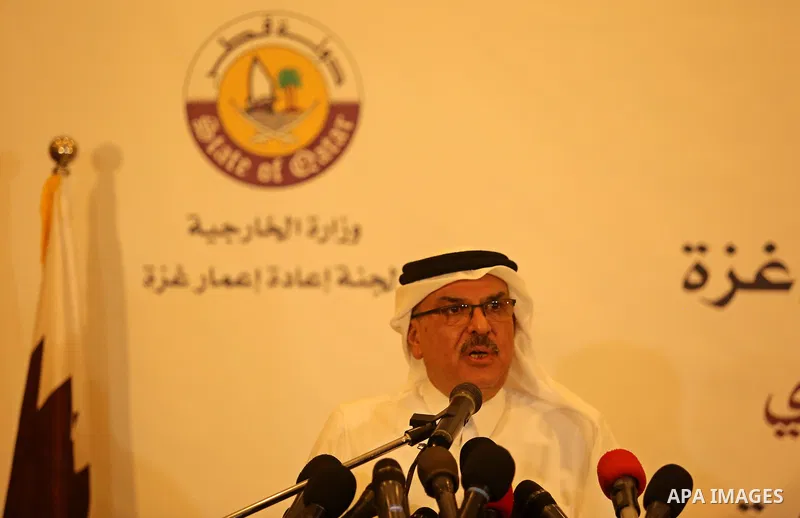 Qatar's Ambassador to the Palestinian Authority, Mohammed Al Emadi speaks during a press confrence with UN Special Coordinator for the United Nations for the peace process in the Middle East Nikolay Mladenov, in Gaza Cit...