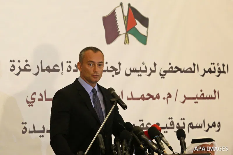 UN Special Coordinator for the United Nations for the peace process in the Middle East, Nikolay Mladenov, speaks during a press confrence with Qatar's Ambassador to the Palestinian Authority Mohammed Al Emadi, in Gaza Ci...