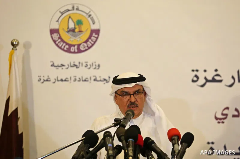 Qatar's Ambassador to the Palestinian Authority, Mohammed Al Emadi speaks during a press confrence with UN Special Coordinator for the United Nations for the peace process in the Middle East Nikolay Mladenov, in Gaza Cit...