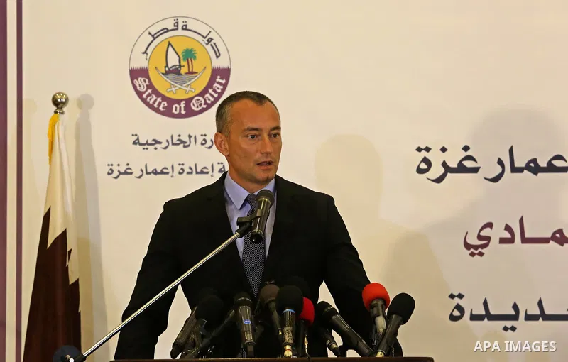UN Special Coordinator for the United Nations for the peace process in the Middle East, Nikolay Mladenov, speaks during a press confrence with Qatar's Ambassador to the Palestinian Authority Mohammed Al Emadi, in Gaza Ci...