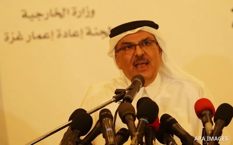 Qatar's Ambassador to the Palestinian Authority, Mohammed Al Emadi speaks during a press confrence with UN Special Coordinator for the United Nations for the peace process in the Middle East Nikolay Mladenov, in Gaza Cit...