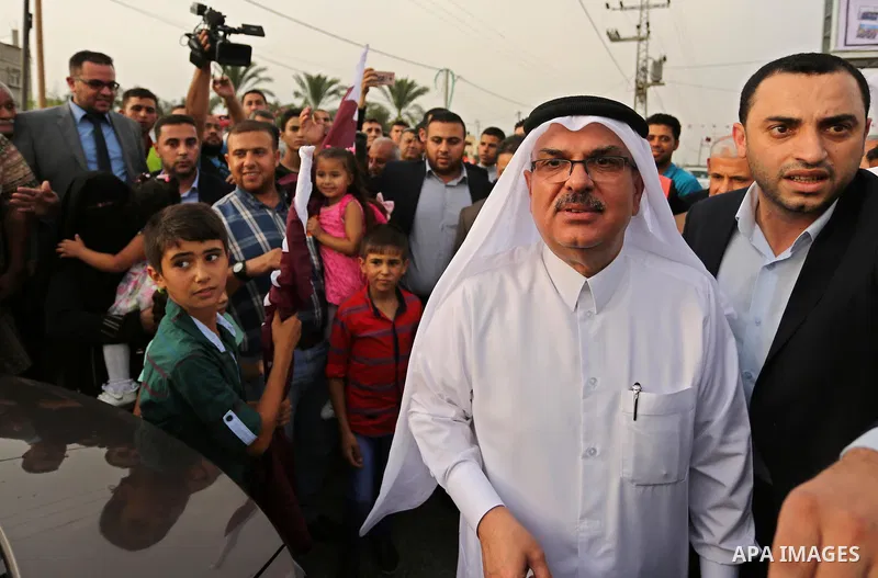Qatar's Ambassador to the Palestinian Authority, Mohammed Al Emadi arrives to attend the opening ceremony of rebuild Salah Al-Deen street project -Phase IV- funded by Qatar in al-Nusairat in the center of Gaza strip, on...