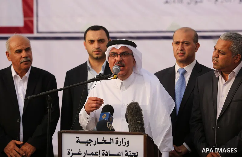 Qatar's Ambassador to the Palestinian Authority, Mohammed Al Emadi speaks during the opening ceremony of rebuild Salah Al-Deen street project -Phase IV- funded by Qatar in al-Nusairat in the center of Gaza strip, on July...