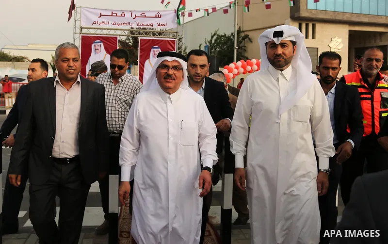 Qatar's Ambassador to the Palestinian Authority, Mohammed Al Emadi arrives to attend the opening ceremony of rebuild Salah Al-Deen street project -Phase IV- funded by Qatar in al-Nusairat in the center of Gaza strip, on...