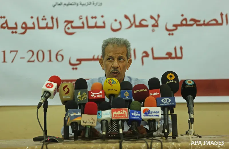 Director General of high school examinations in Gaza Strip, Marwan Sharaf, speaks during a press conference to announce the results of the final high school exams known as "Tawjihi"', in Gaza city on July 12, 2017. Photo...