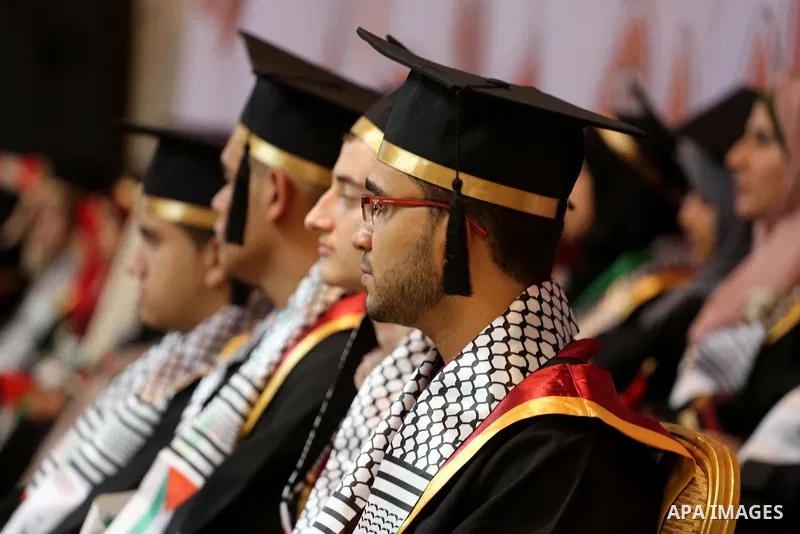 Palestinian top students attend their honoring ceremony after heard the results of their final exams known as ''Tawjihi'' organized by the Ministry of Education, in Gaza city, on July 21, 2017. Photo by Mohammed Asad