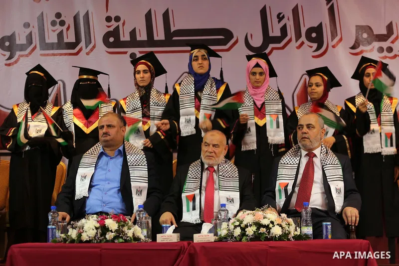 Deputy of the Legislative Council, Ahmed Bahar, attend the honoring ceremony of the top of high school students known as ''Tawjihi'' organized by the Ministry of Education, in Gaza city, on July 21, 2017. Photo by Mohamm...