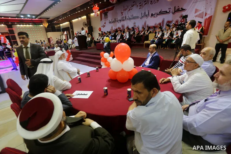 Palestinian top students attend their honoring ceremony after heard the results of their final exams known as ''Tawjihi'' organized by the Ministry of Education, in Gaza city, on July 21, 2017. Photo by Mohammed Asad