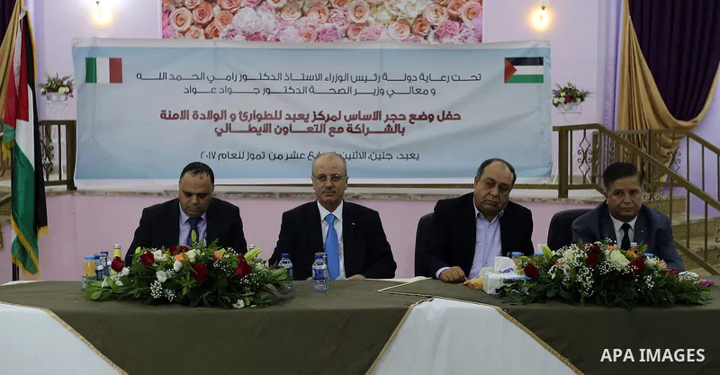 Palestinian Prime Minister, Rami Hamdallah, Lays the foundation stone of the Yabod emergency center, in the West Bank city of jenin, on July 17, 2017. Photo by Prime Minister Office