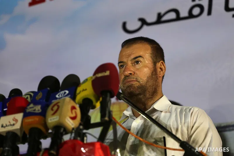 Senior Hamas leader Fathi Hammad speaks during a protest against the recent closure of the Al-Aqsa Mosque compound by Israel, in Gaza City on July 17, 2017. Photo by Mohammed Asad