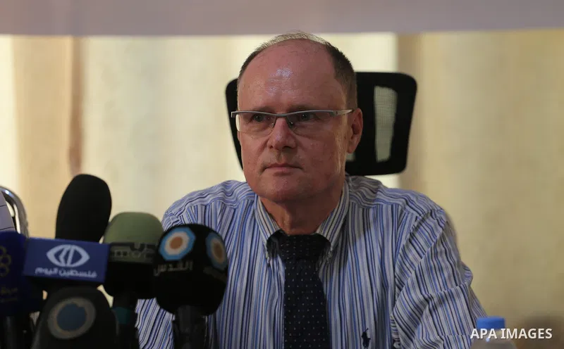 Dirctor of the United Nations for the peace process in the Middle, Gernot Sauer attends a workshop, in Gaza city, on July 18, 2017. Photo by Mohammed Asad