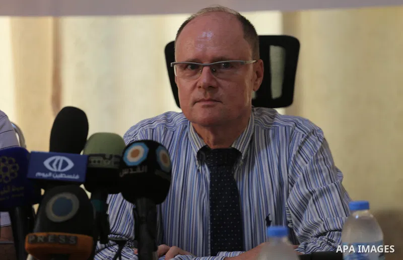 Dirctor of the United Nations for the peace process in the Middle, Gernot Sauer attends a workshop, in Gaza city, on July 18, 2017. Photo by Mohammed Asad