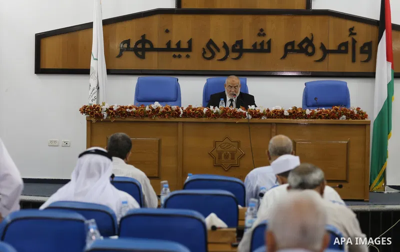 Deputy of the Legislative Council, Ahmed Bahar, speaks during a meeting with members of the Legislative Council from Hamas movement in Gaza City on July 19, 2017. Photo by Mohammed Asad
