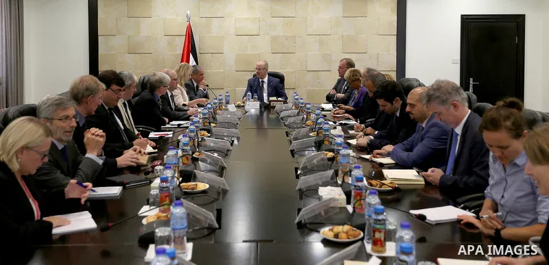 Palestinian Prime minister Rami Hamadallah meets with a mbassadors, consuls and representatives of the European Union, in the West Bank city of Ramallah,on July 20, 2017. Photo by Prime Minister Office