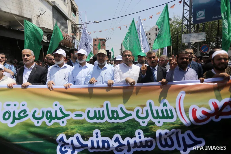 Hamas Chief Ismail Haniyeh takes part during a protest against Israel's newly-installed security measures at the entrance to the al-Aqsa mosque compound in Gaza city on July 21, 2017. Photo by Mohammed Asad
