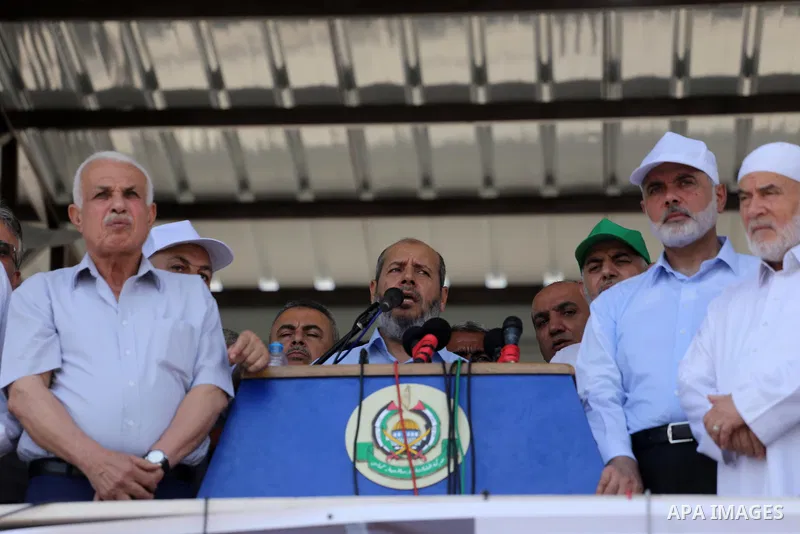 Senior Hamas leader Khalil al-Hayah speaks during a protest against Israel's new security measures at the entrance to the al-Aqsa mosque compound, which include metal detectors and cameras, in Gaza City on July 21, 2017....