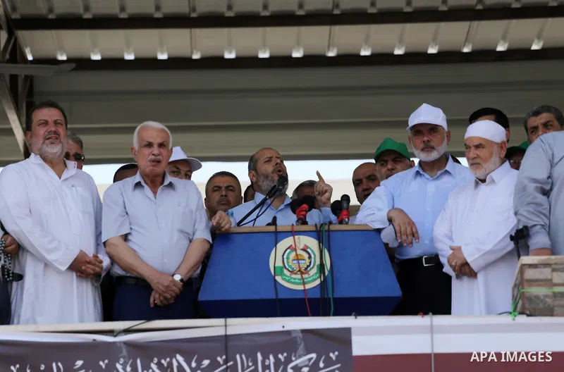 Senior Hamas leader Khalil al-Hayah speaks during a protest against Israel's new security measures at the entrance to the al-Aqsa mosque compound, which include metal detectors and cameras, in Gaza City on July 21, 2017....